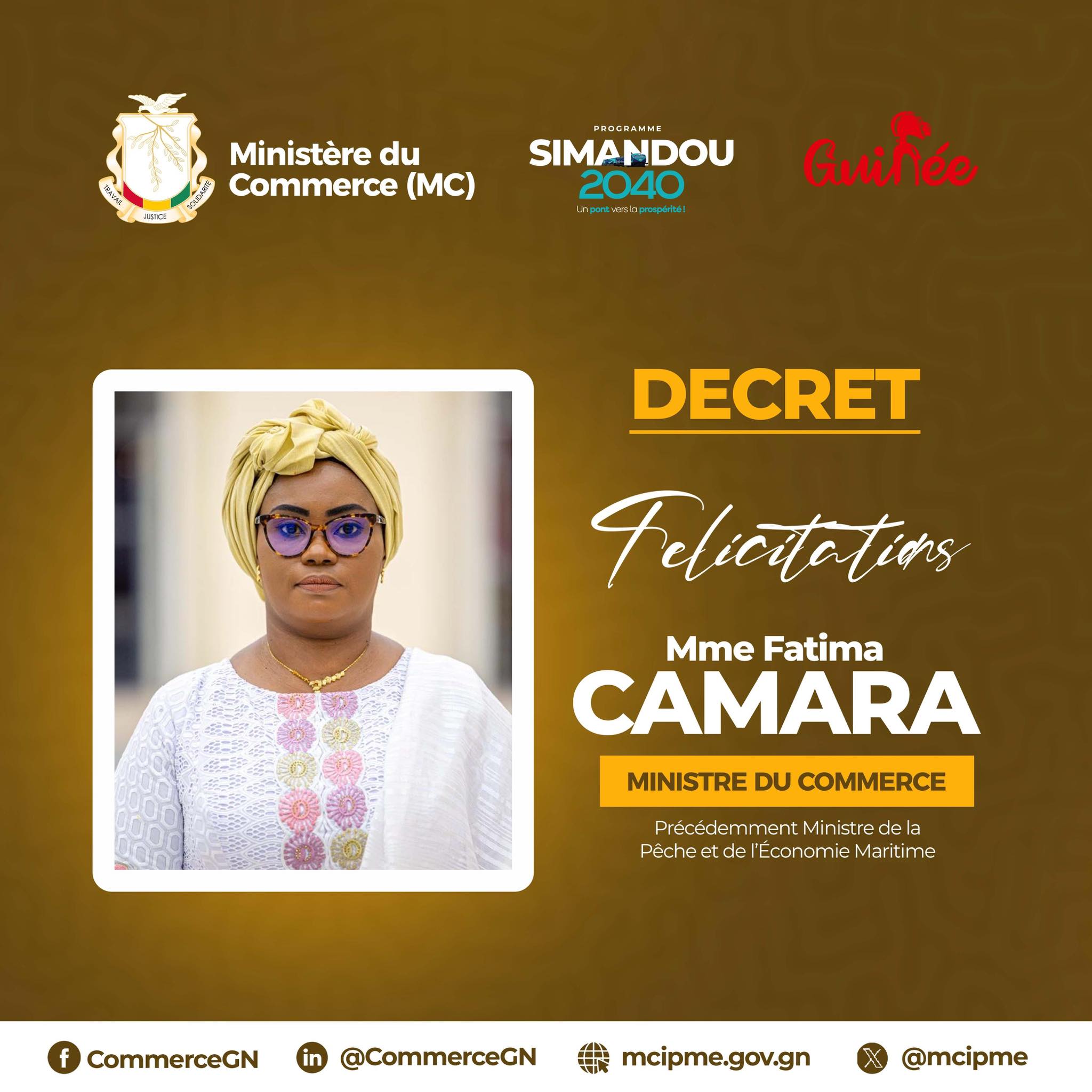 Décret présidentiel - Madame Fatima Camara - nouvelle Ministre du Commerce